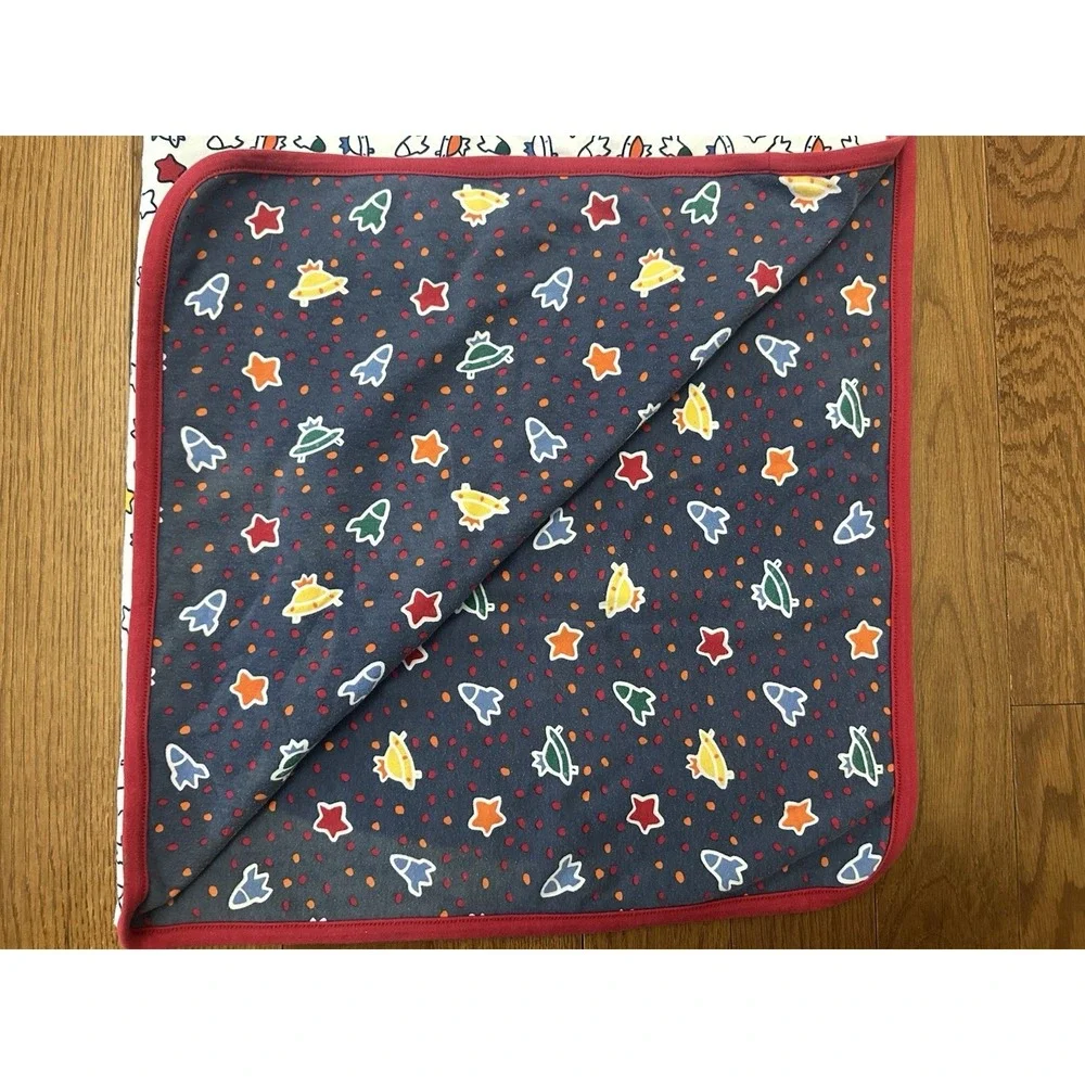 Vintage Gymboree Space Rocket Stars Baby Blanket Navy Red Reversible 30x34